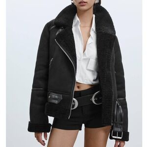 ZARA Women's Double Sided Jacket Faux Suede Shearling Moto Aviator Size Medium